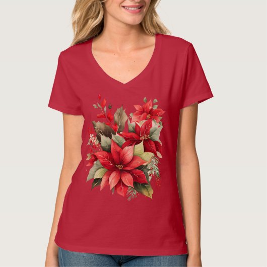 Poinsettia Holly Berry Red White Blumen Christmas T-Shirt (Vorderseite)