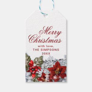 Poinsettia & Holly Berry Rustikaler Weihnachtsurla Geschenkanhänger