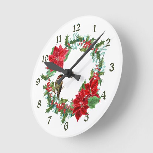 Poinsettia Holly Berry Weihnachtsmann Runde Wanduhr (Winkel)