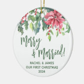 Poinsettia & Holly Erste Weihnachtsfeier Merry & V Keramik Ornament (Links)