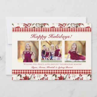 Poinsettia Holly Gingham Border Holiday Foto Card Feiertagskarte