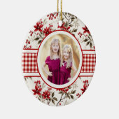 Poinsettia Holly Gingham Border Holiday Foto Card Keramik Ornament (Rechts)