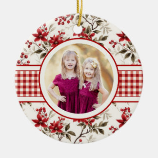 Poinsettia Holly Gingham Border Holiday Foto Card Keramik Ornament