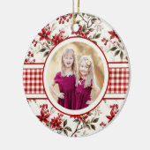 Poinsettia Holly Gingham Border Holiday Foto Card Keramik Ornament (Links)