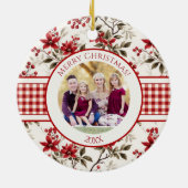 Poinsettia Holly Gingham Border Holiday Foto Card Keramik Ornament (Hinten)