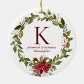 Poinsettia Holly Monogram Holiday Foto Keramik Ornament (Hinten)