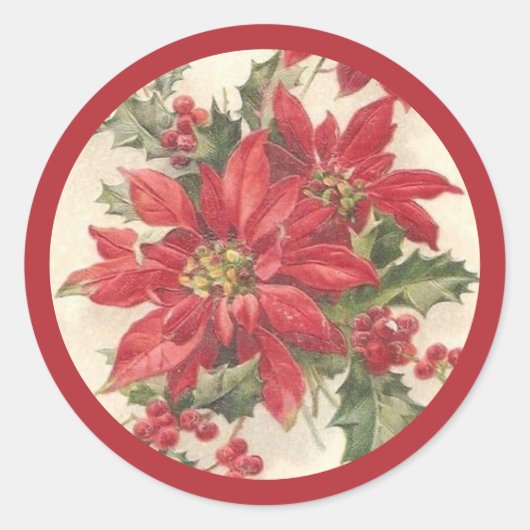 Poinsettia Holly Vintage Weihnachtsfeiertag Siegel Runder Aufkleber (Vorderseite)