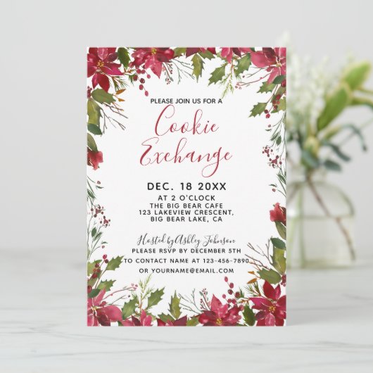POINSETTIA + HOLLY Watercolor Cookie Exchange Einladung (Stehend Vorderseite)