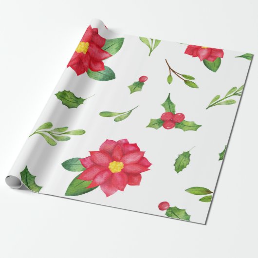 Poinsettia & Holly Weihnachtswrapping Paper Geschenkpapier (Ungerollt)