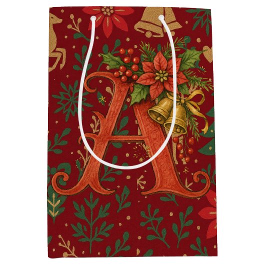 Poinsettia, Initial A Letter Reindeer Medium Gift Mittlere Geschenktüte (Vorderseite)