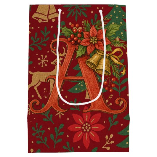 Poinsettia, Initial A Letter Reindeer Medium Gift  Mittlere Geschenktüte (Rückseite)