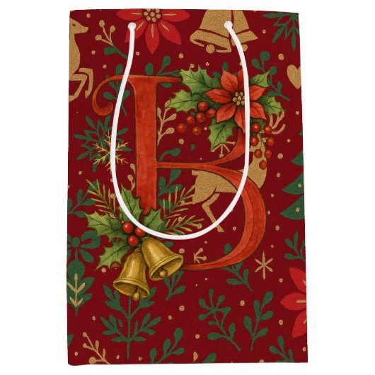 Poinsettia, Initial B Letter Reindeer Medium Gift  Mittlere Geschenktüte (Vorderseite)