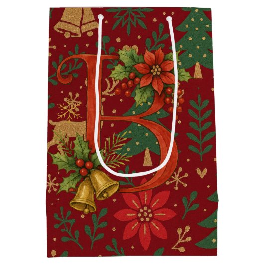 Poinsettia, Initial B Letter Reindeer Medium Gift Mittlere Geschenktüte (Rückseite)