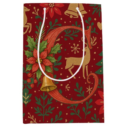 Poinsettia, Initial C Letter White Medium Gift Med Mittlere Geschenktüte (Vorderseite)