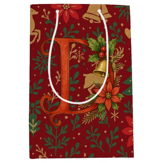 Poinsettia, Initial D Letter Reindeer Mittlere Geschenktüte (Vorderseite)