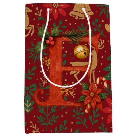 Poinsettia, Initial E Letter White Medium Gift Mittlere Geschenktüte (Vorderseite)