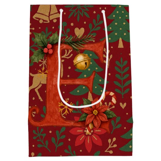 Poinsettia, Initial E Letter White Medium Gift Mittlere Geschenktüte (Rückseite)