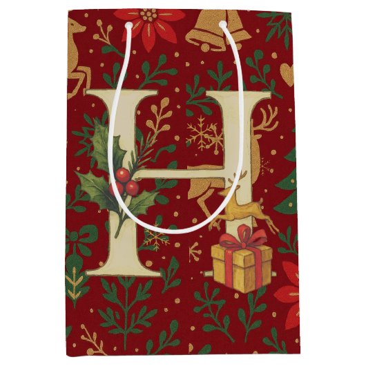 Poinsettia, Initial H Letter White Medium Gift Med Mittlere Geschenktüte (Vorderseite)