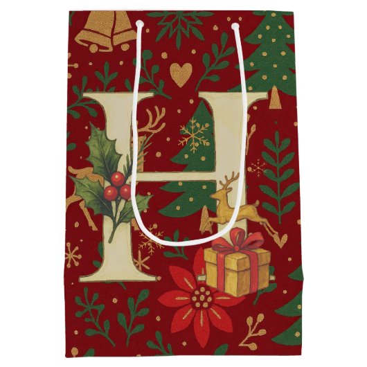 Poinsettia, Initial H Letter White Medium Gift Med Mittlere Geschenktüte (Rückseite)