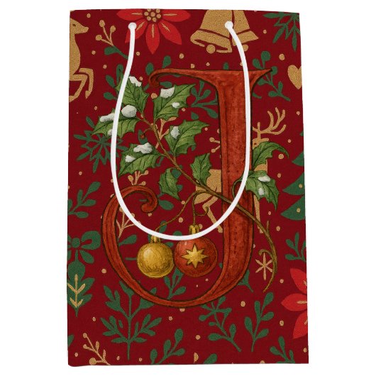 Poinsettia, Initial J Letter Reindeer Medium Gift  Mittlere Geschenktüte (Vorderseite)