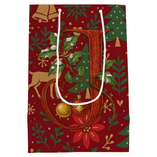 Poinsettia, Initial J Letter Reindeer Medium Gift  Mittlere Geschenktüte (Rückseite)