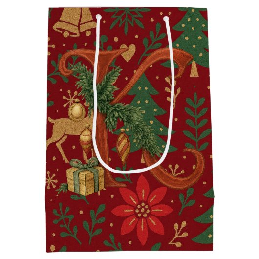Poinsettia, Initial K Letter Reindeer Medium Gift Mittlere Geschenktüte (Rückseite)