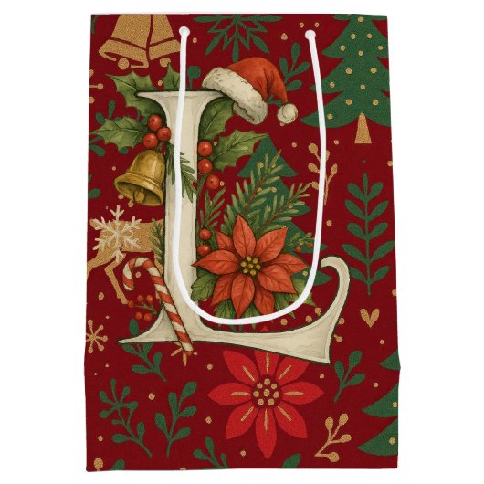 Poinsettia, Initial L Letter Reindeer Medium Gift Mittlere Geschenktüte (Rückseite)