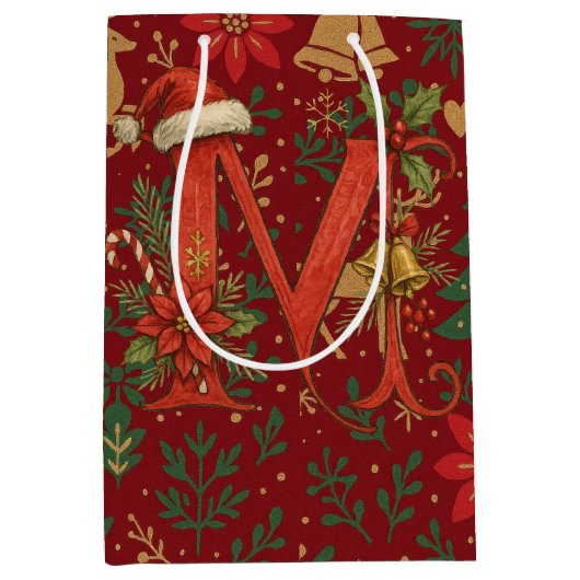 Poinsettia, Initial M Letter Reindeer Medium Gift  Mittlere Geschenktüte (Vorderseite)