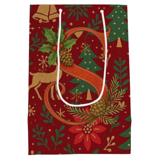 Poinsettia, Initial S Letter Reindeer Medium Gift  Mittlere Geschenktüte (Rückseite)