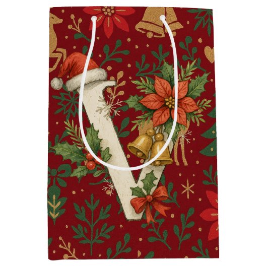 Poinsettia, Initial V Letter Reindeer Medium Gift  Mittlere Geschenktüte (Vorderseite)