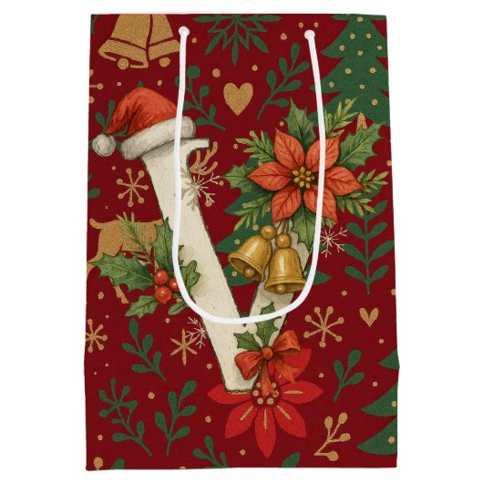 Poinsettia, Initial V Letter Reindeer Medium Gift  Mittlere Geschenktüte (Rückseite)
