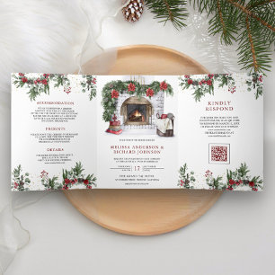 Poinsettia-Kamin-Weihnachts-Hochzeit QR-Code Dreifach Gefaltete Einladung