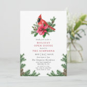 Poinsettia & Kardinal Weihnachtsfest Einladung (Stehend Vorderseite)