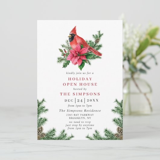 Poinsettia & Kardinal Weihnachtsfest Einladung (Stehend Vorderseite)