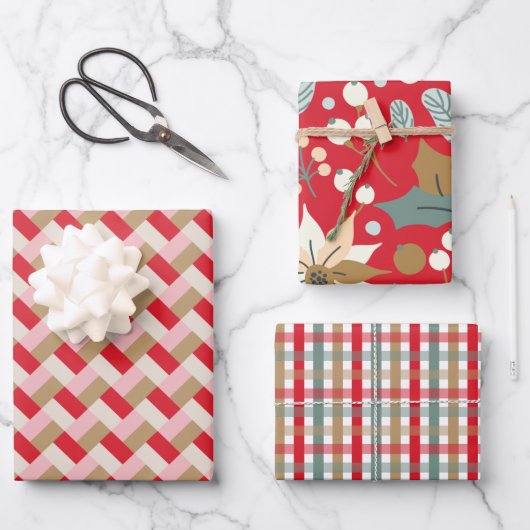 Poinsettia karierter Winterurlaub Geschenkpapier Set (Vorderseite)