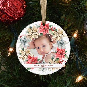 Poinsettia-Kranz und Foto Baby's erstes Weihnachte Keramik Ornament