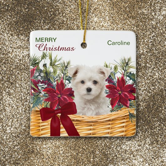 Poinsettia Maltese Puppy Christmas Basket Keramikornament