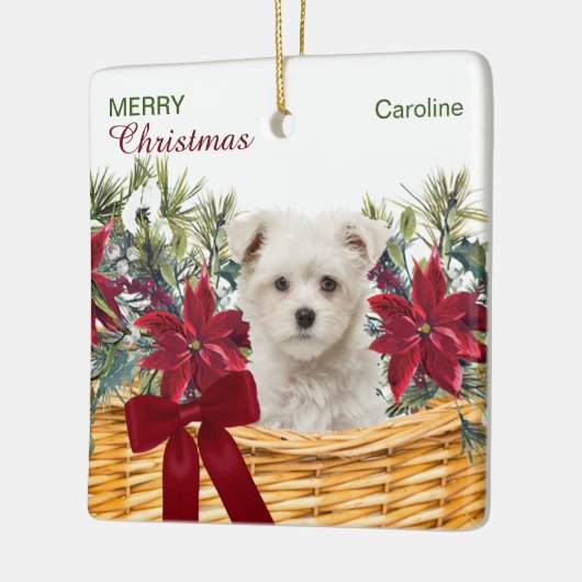 Poinsettia Maltese Puppy Christmas Basket Keramikornament (Links)