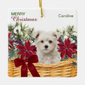 Poinsettia Maltese Puppy Christmas Basket Keramikornament (Vorderseite)