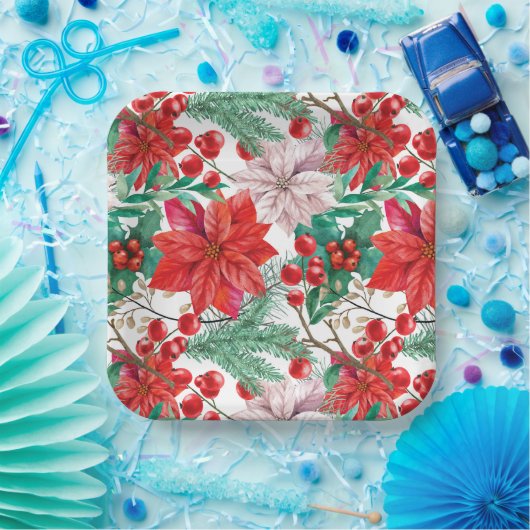 Poinsettia, Pine Boughs und Red Berries Pappteller (Party)