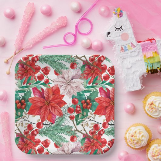 Poinsettia, Pine Boughs und Red Berries Pappteller (Party)