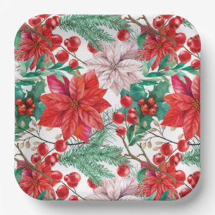Poinsettia, Pine Boughs und Red Berries Pappteller