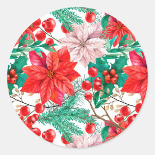Poinsettia, Pine Boughs und Red Berries Runder Aufkleber