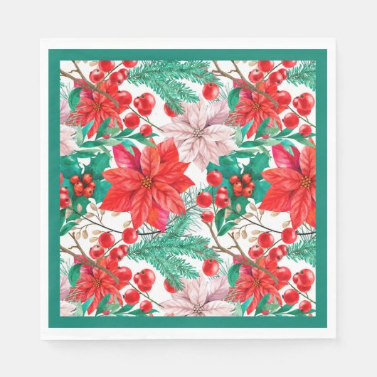 Poinsettia, Pine Boughs und Red Berries Serviette (Vorderseite)