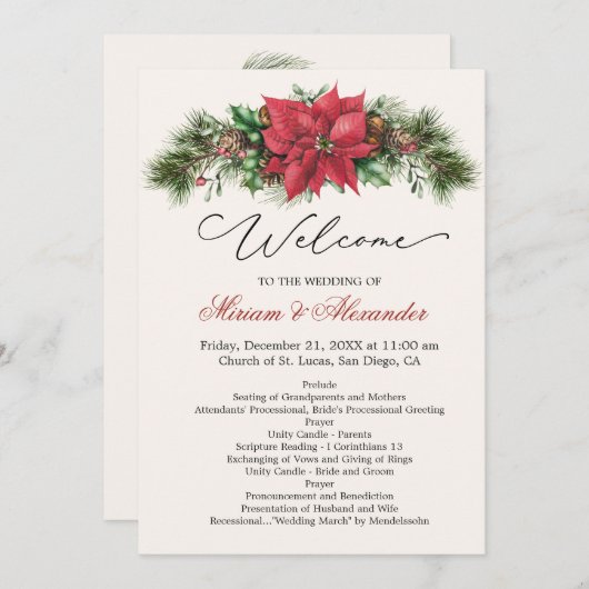 Poinsettia Pine Cones Holly Wedding Program Einladung (Vorne/Hinten)