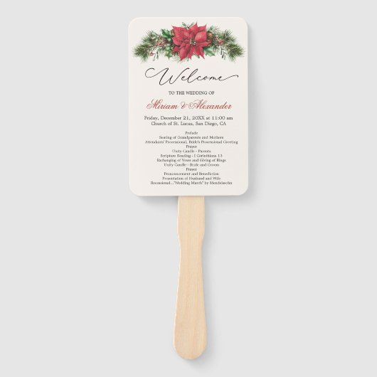 Poinsettia Pine Cones Holly Wedding Program Fächer (Vorderseite)