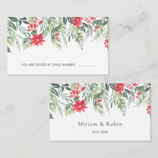 Poinsettia Pine Green Foliage Red Berry Platzkarte (Vorne/Hinten)