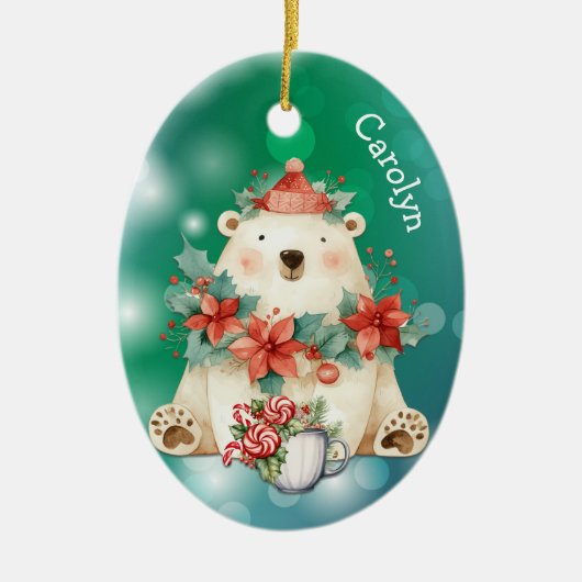 Poinsettia Polar Bear Kinder Keramik Ornament (Vorne)