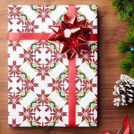 Poinsettia Quilt Pattern Traditionelles Rot & Grün Geschenkpapier