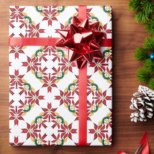 Poinsettia Quilt Pattern Traditionelles Rot & Grün Geschenkpapier